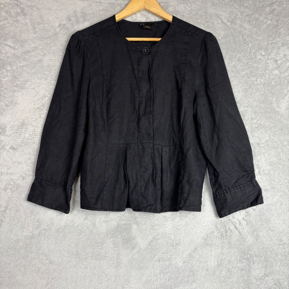 Grace Elements Black 100% Linen Collarless Peplum Jacket Womens Size 10
